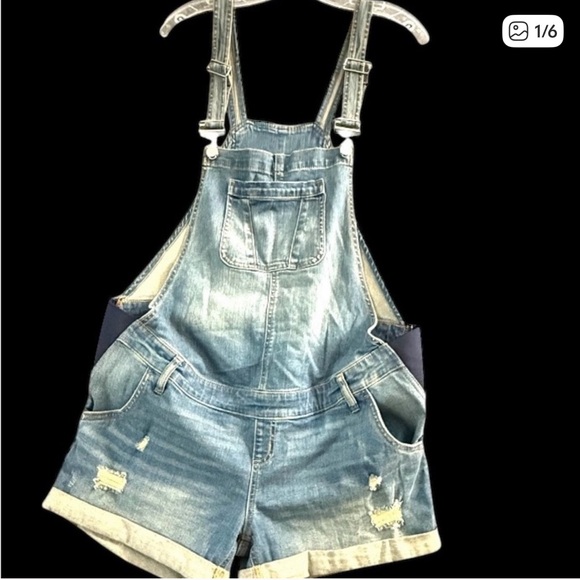 Indigo Blue Women's Maternity Denim Overall Shorts - Picture 4 of 9
